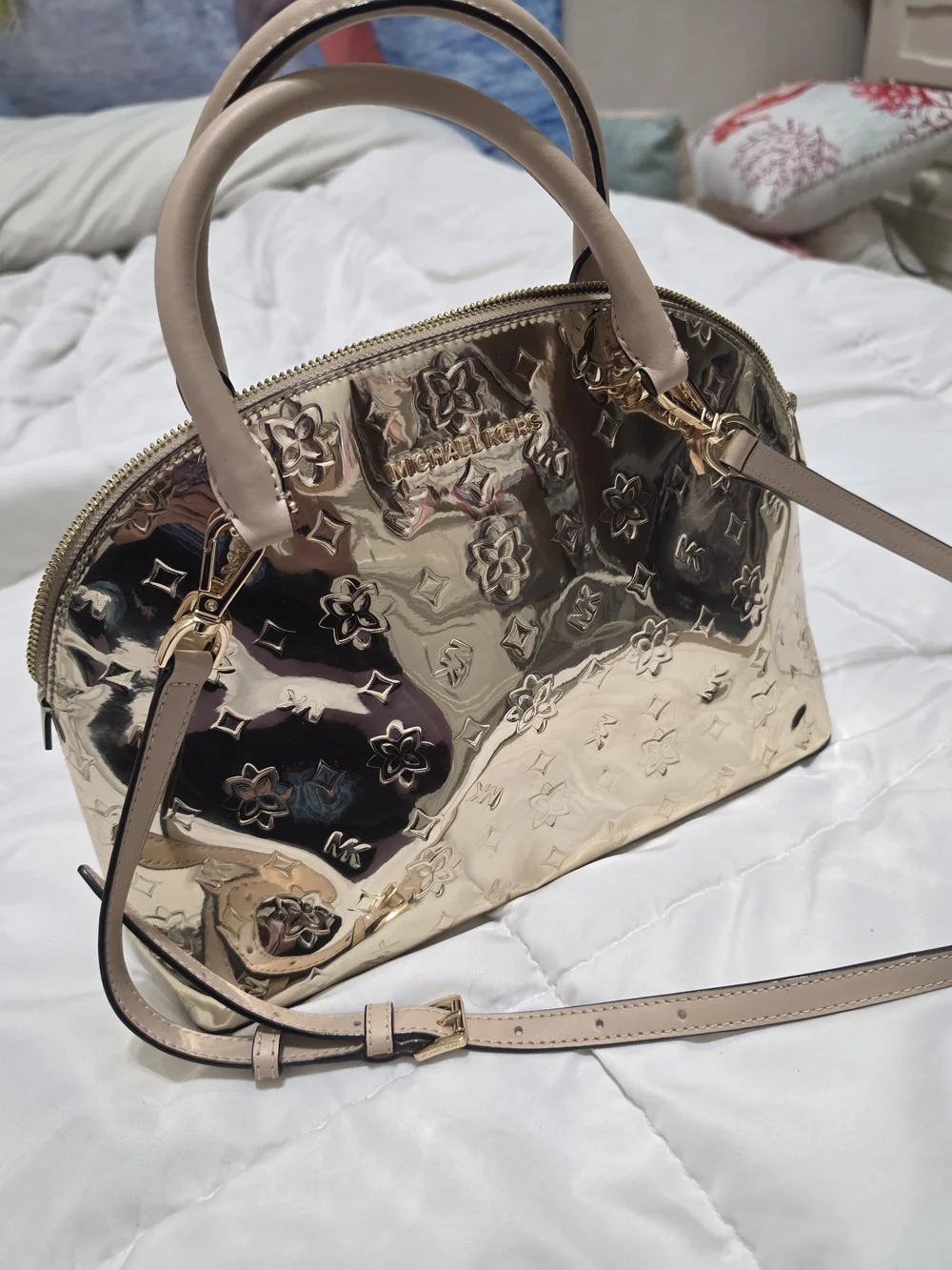 Michael Kors Rose Gold Dome Satchel with Blush Handles